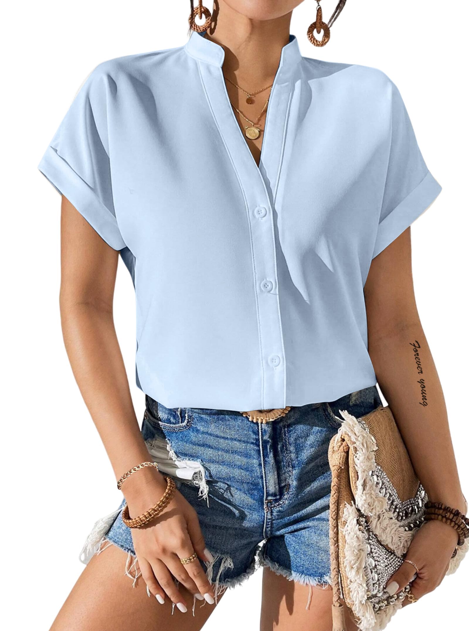 Avanova Women's Button Down Short Sleeve V Neck Work Business Top 