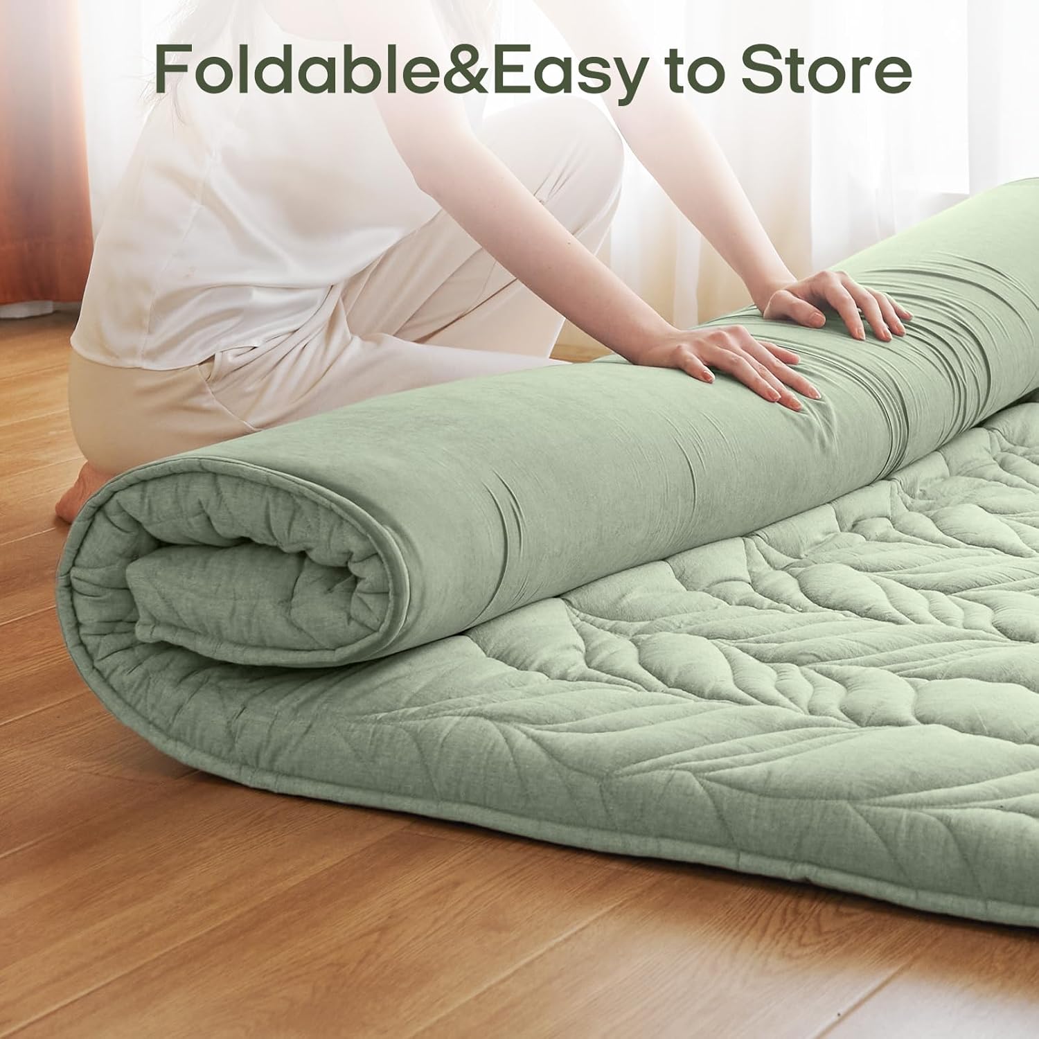 ZonLi Japanese Floor Mattress Futon Mattress Queen Size, 4" Thicken Roll Up Tatami Mat 100% Cotton Washable Cover, Portable & Foldable Floor Bed Mattress for Sleeping, Dormitory, Adult Kids, Green Green Queen (80"L x 60"W x 4"Th)