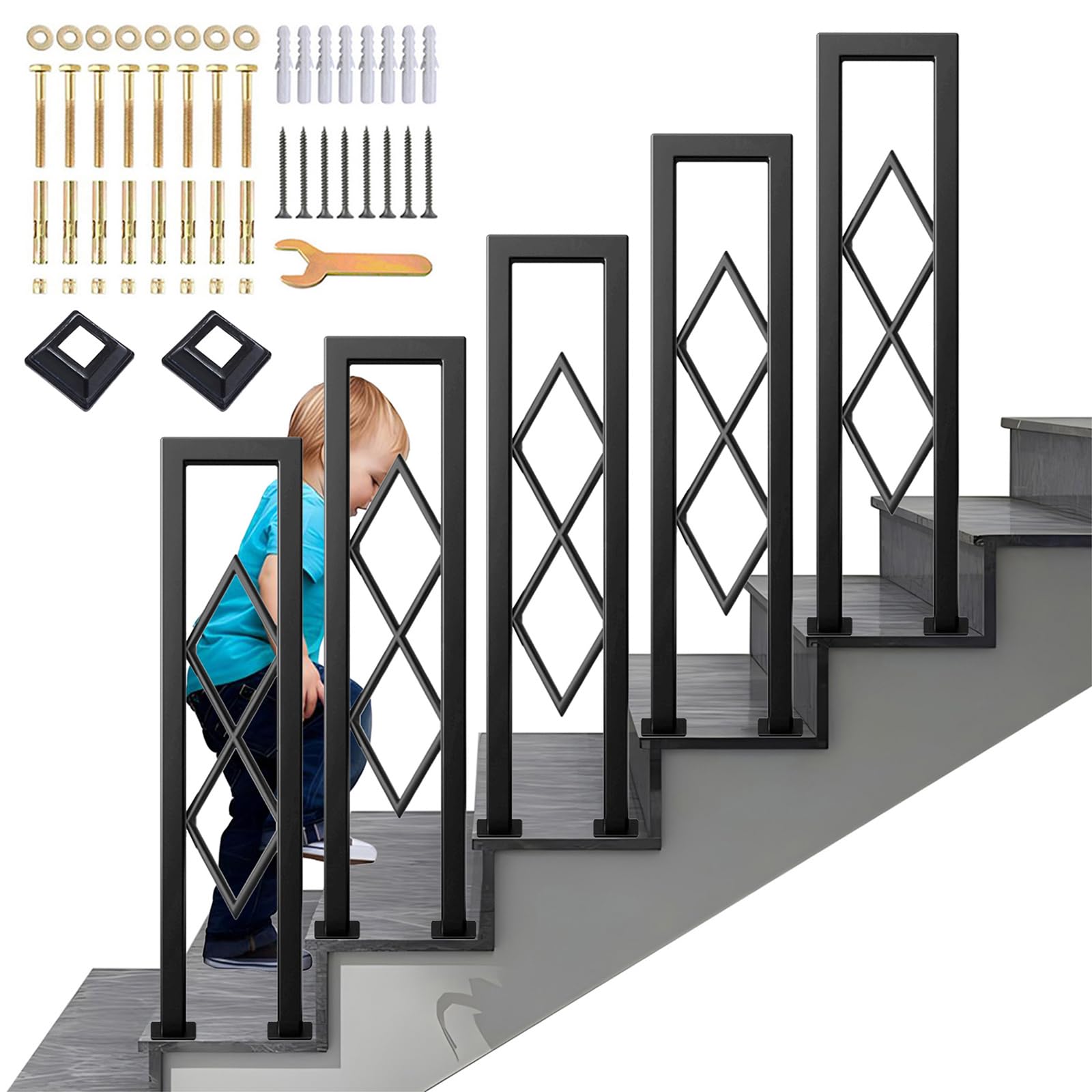 Ringhiera per Scale Interne, Corrimano Forma di U con Diamante Motivo Decorativa, Passamano in Ferro con Kit di Viti, Ringhiere per Soffitta, Corridoio, Esterni Gradini (75cm)