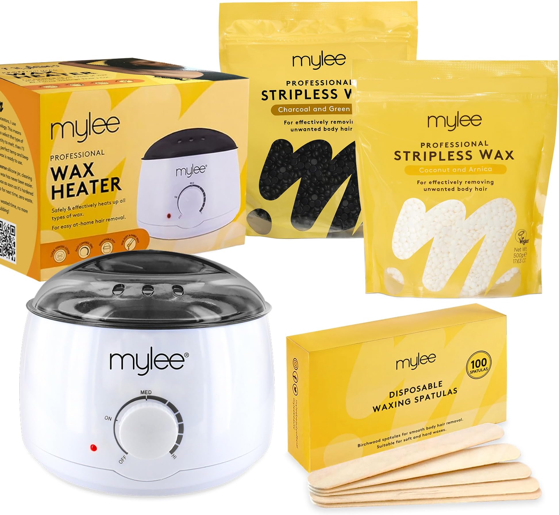 Mylee Professional Waxing Kit with Wax Heater, Hard Wax Beads 2x 500g, Spatulas - Stripless Depilatory Waxing Pellets Solid Film Beans No Strip Needed, Made in The UK (Both Wax Pouches)