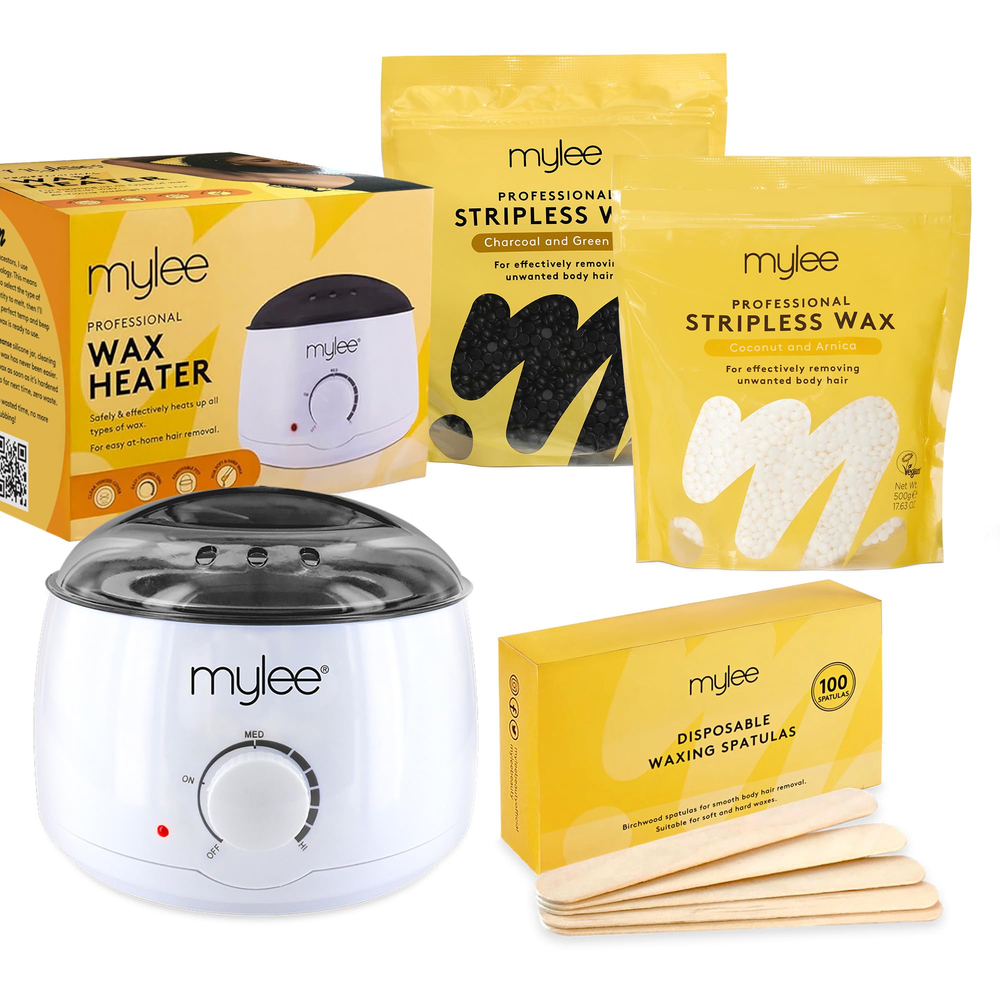 Mylee Professional Waxing Kit with Wax Heater, Hard Wax Beads 500g, Spatulas - Stripless Depilatory Waxing Pellets Solid Film Beans No Strip Needed, Made in The UK (Both Wax Pouches)