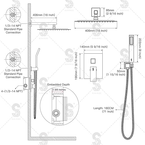 Miniatura 67 de SR SUN RISE Sistema de ducha negro mate de 12 pulgadas, latón de 12 pulgadas, mezclador de lluvia de lujo, conjunto combinado de ducha montado