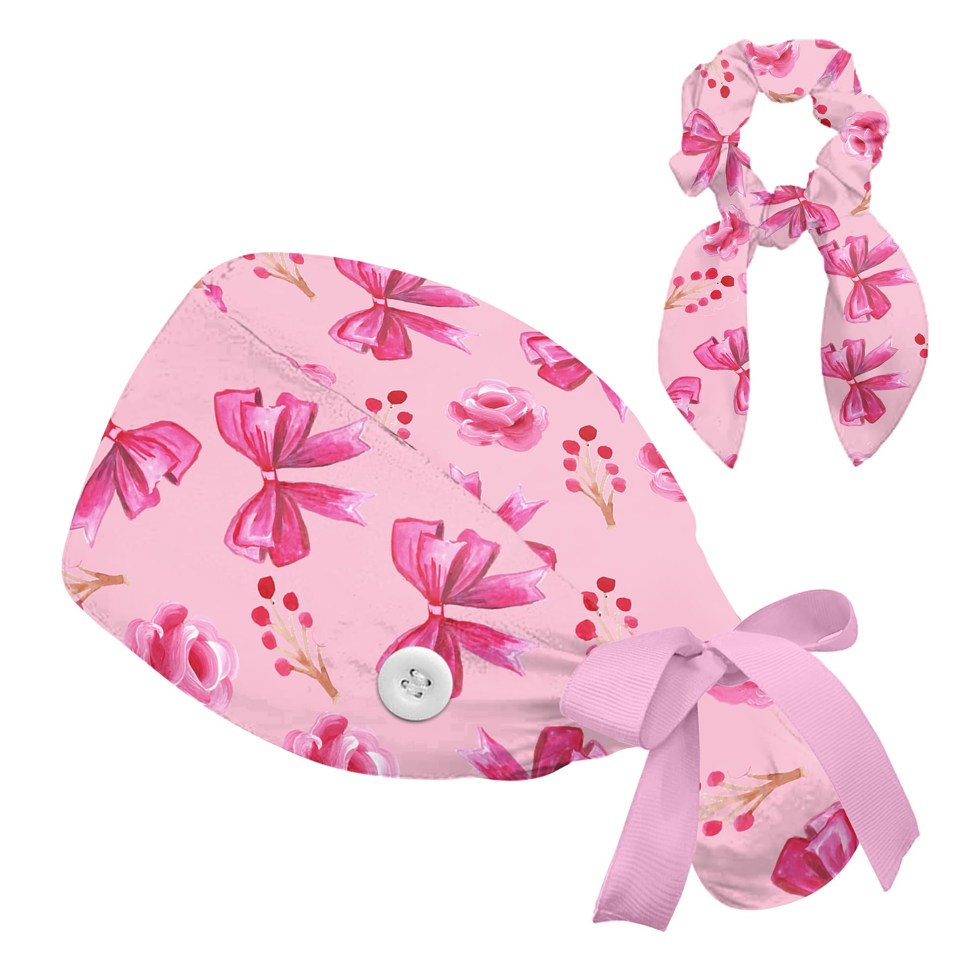 Scrub Caps Women Nursing Hats with Button, Adjustable Working Cap with Ponytail Pouch Scrunchy and Ribbon Tie for Women