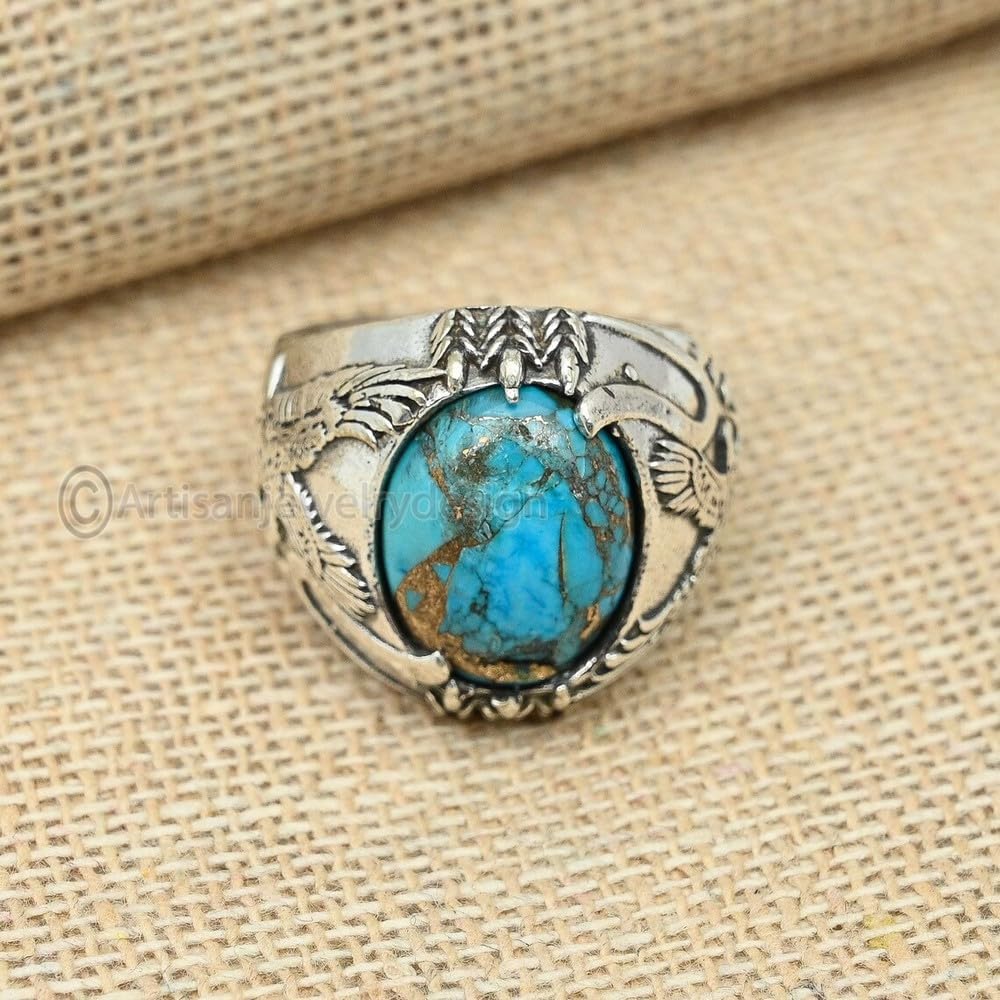 Blue Copper Turquoise Eagle Ring, 925 Silver Eagle Ring, Turkish Signet Ring, Minimalist Mens Ring, Handmade Mens Ring, Eagle Men Ring, Ottoman Mens Ring, Turquoise Stone Ring, Christmas Day Gift