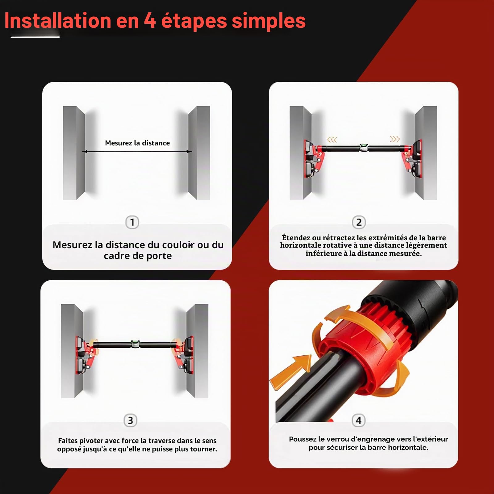 Kapler Barre de traction pour cadre de porte sans vis réglable : 70-130 cm avec verrouillage à 360° et charge maximale de 200 kg – Barre de porte professionnelle pour fitness à la maison