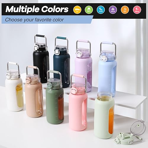 Miniatura 7 de BLUEGO Botella de agua de vidrio de 64 onzas, botellas de agua con mango de acero inoxidable y popote, botella de agua motivacional de medio galón