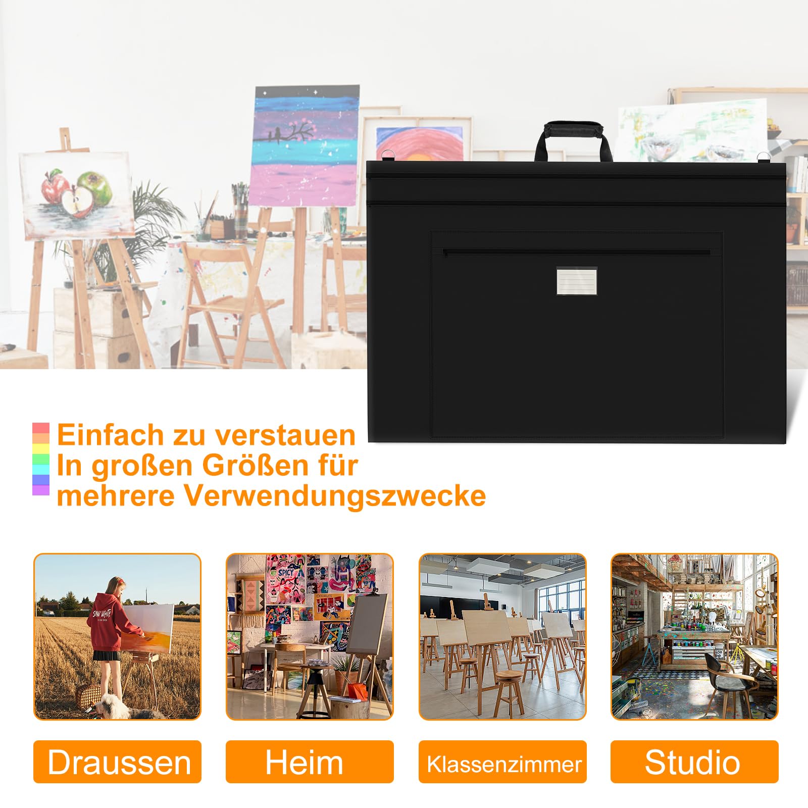 Borsa Portaoggetti da 54 x 66 cm per Tavolo da Disegno Con maniglia,Borsa per tavolo da disegno,Borsa Artistica Nera per Forniture per Artisti, Libri e Cartelle, Con Tracolla - Nero
