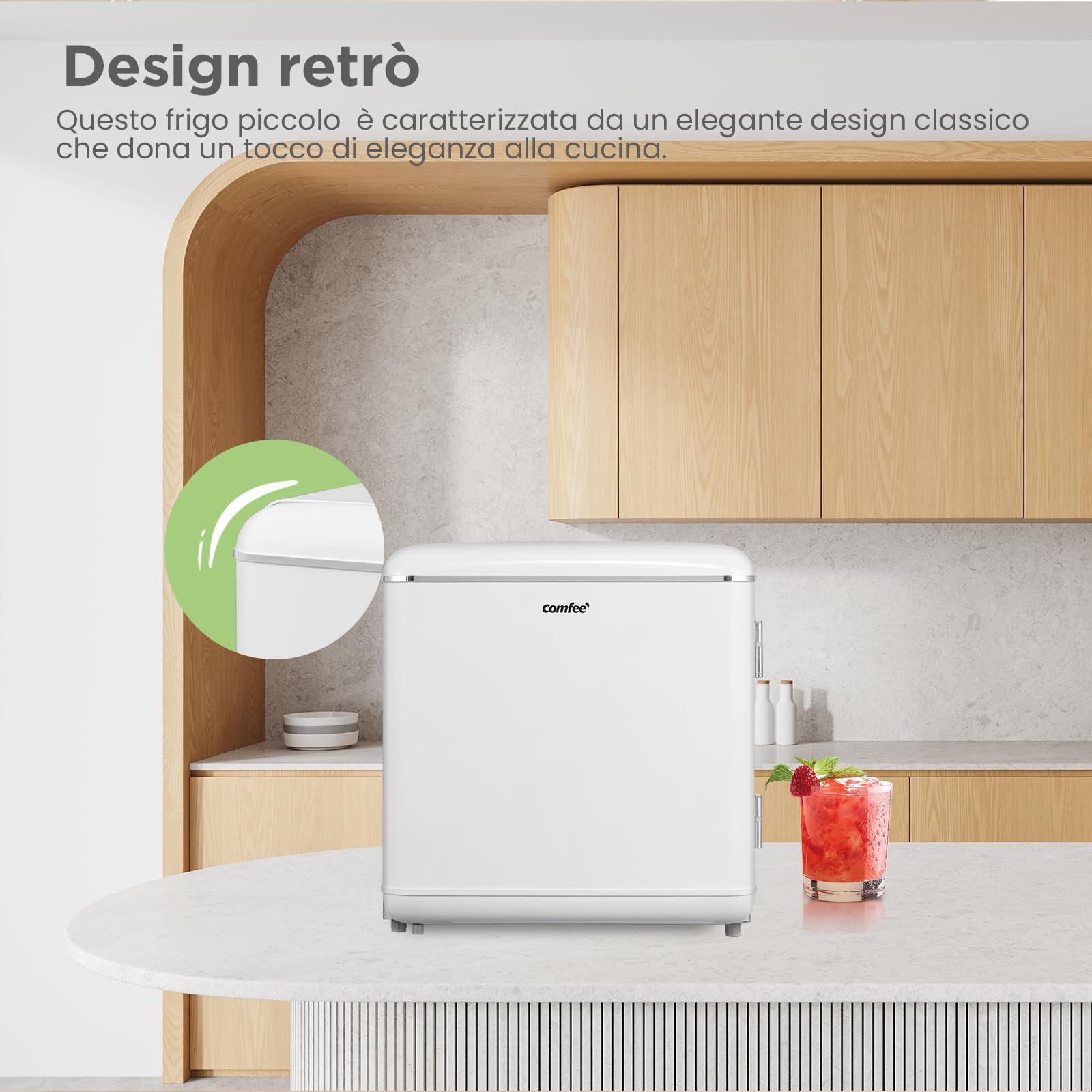 COMFEE' RCD50WH2EURT(E) Frigorifero piccolo 47Litri, Design retrò, Mini frigo tavolo mono porta, Termostato regolabile, Silenzioso, Adatto a casa, ufficio e hotel,Bianco