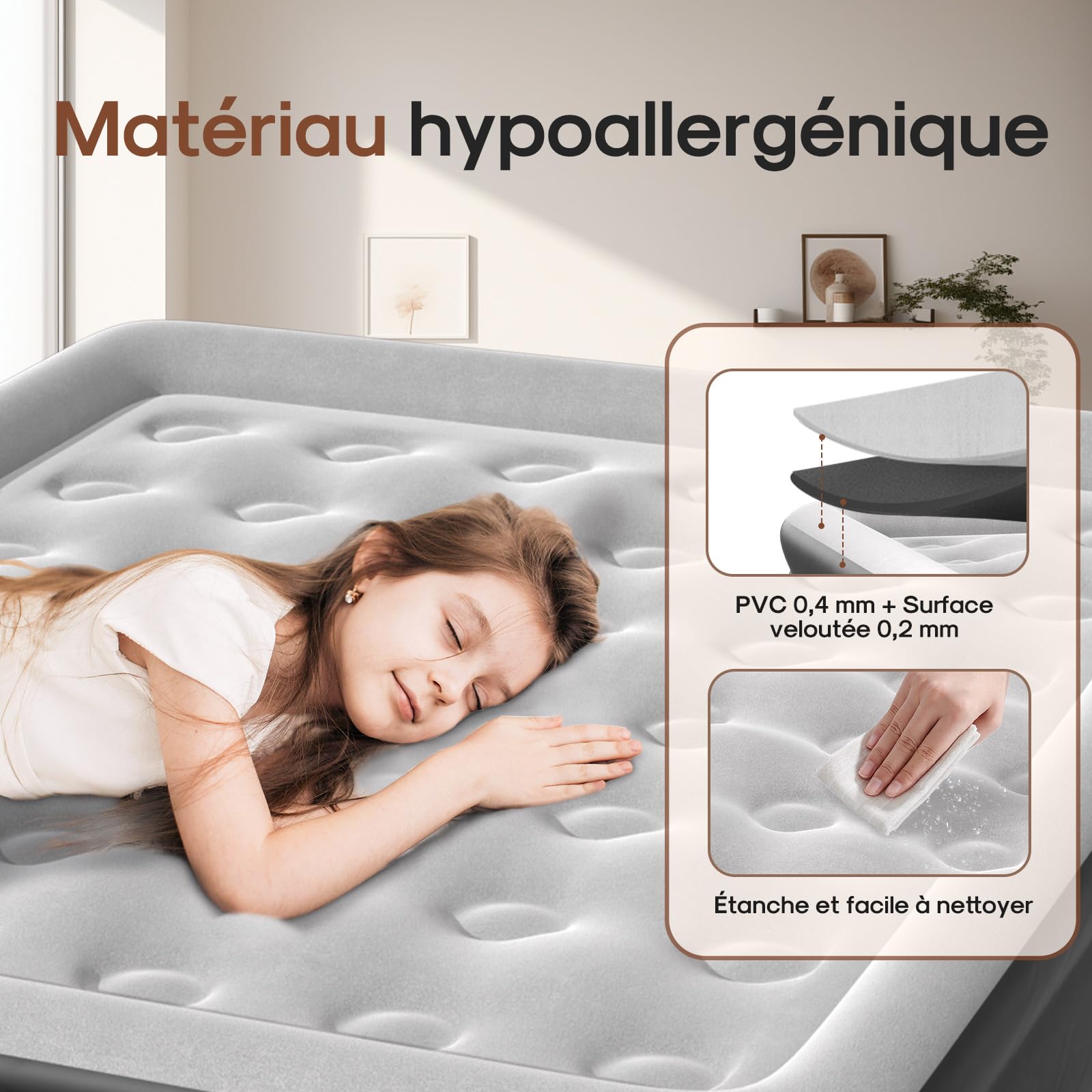 ICEPURE Matelas Gonflable 2 Personnes, 150x200x46CM,Dossier Amovible, 300 kg, Matelas Autogonflant 2 Personnes de 4000mAh et éclairage, adapté à la Peau, Robuste et Portable.