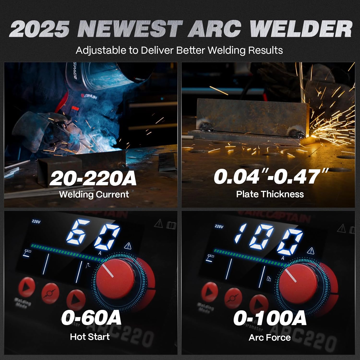 ARCCAPTAIN 220Amp 10PCS Rods Stick Welder, [Large LED Display] ARC/Lift TIG Welding Machine with Synergic Control, IGBT Inverter 110V/220V MMA Welder Machine with Hot Start, Arc force, and Anti-Stick