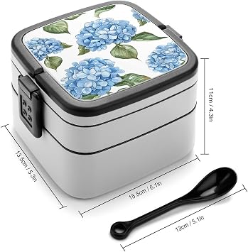 Blue Hydrangea Pattern Bento Box, 2 Compartments Meal-Prep Containers, Stackable Lunch Box with Lids, Reusable Divided Food Storage Containers for Travel, And Work