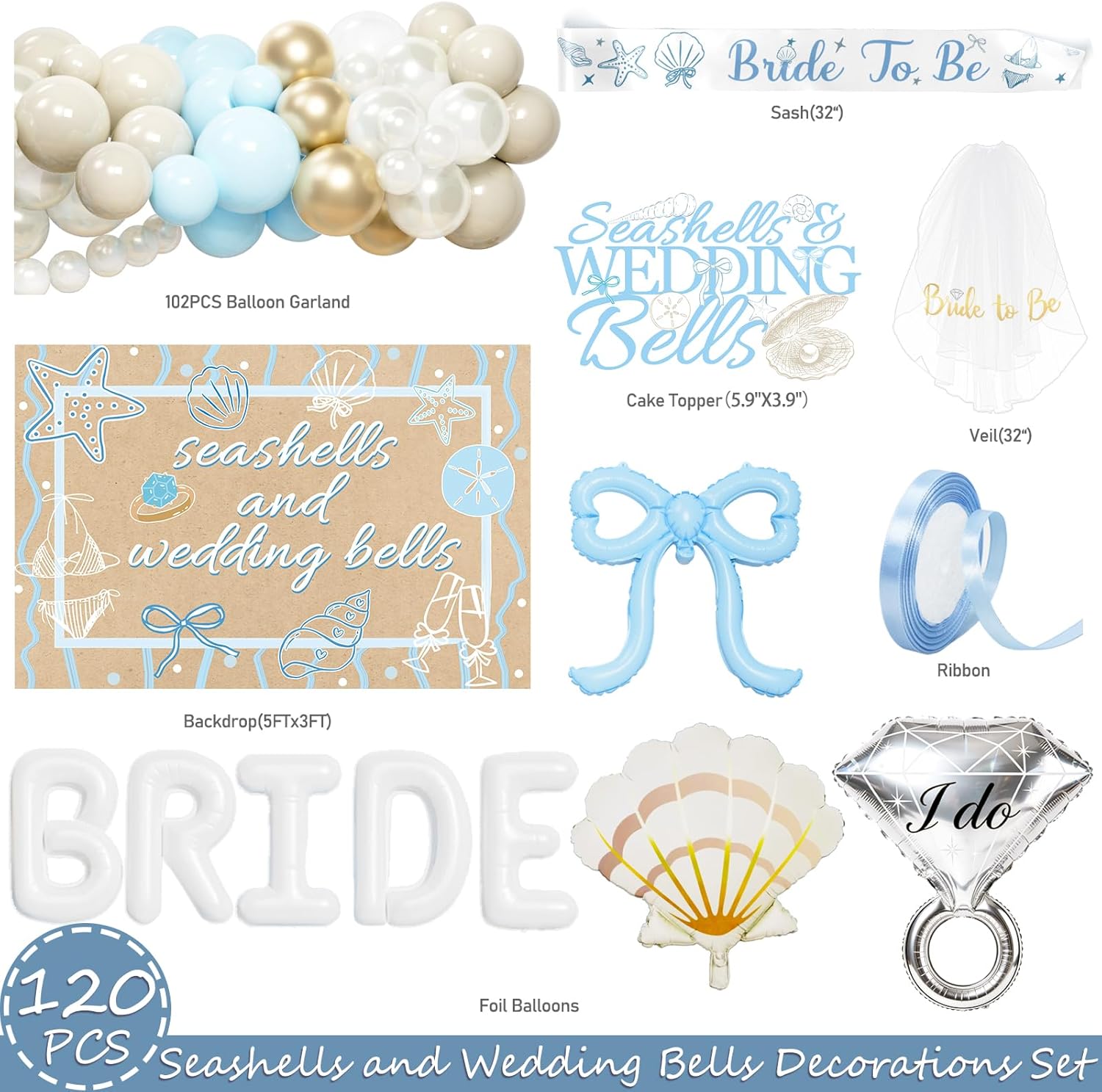 Costova Seashells and Wedding Bells Decor, Sea Shell bachelorette Decorations, Beach Bridal Coastal Ocean Party Supplies with Blue Balloons Bride To Be Sash Bridal White Veil Cake Topper Backdrop