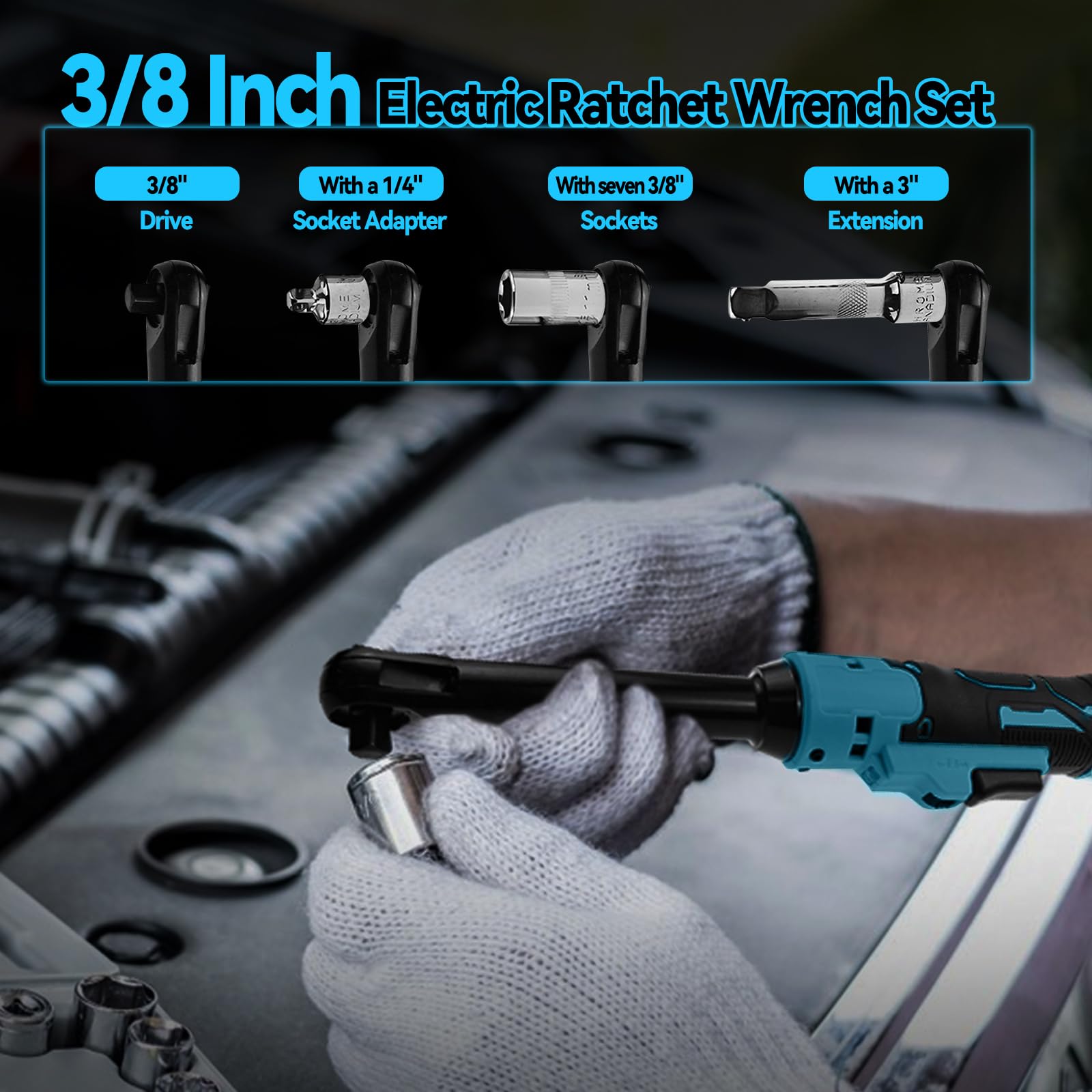 Clé à cliquet sans fil 3/8inch compatible avec la batterie Makita 18V, clé à cliquet électrique 80N.m 320RPM avec 8 douilles et adaptateur 1/4