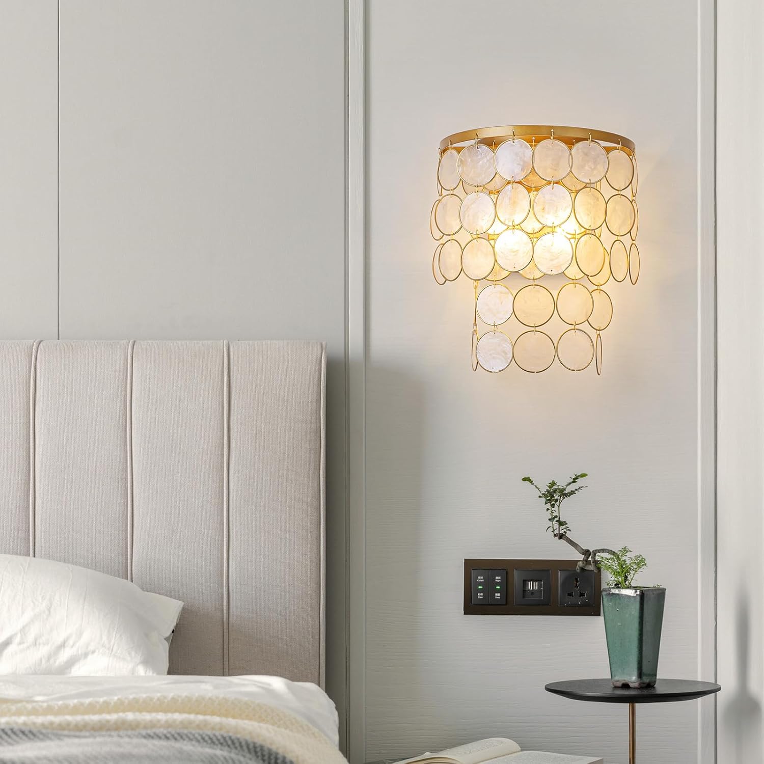 2-Light Capiz Shell Wall Sconces, Coastal Design Indoor Wall Lamp, Vanity Wall Mount Light Fixture for Bathroom, Hallway, Bedroom, True Shell Pendants & Copper Finish Frame