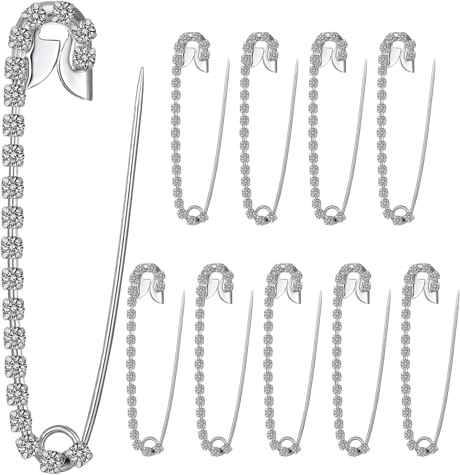 Housweety 10 Silver Tone Rhinestone Safety Pins Brooches 5.8x1.2cm