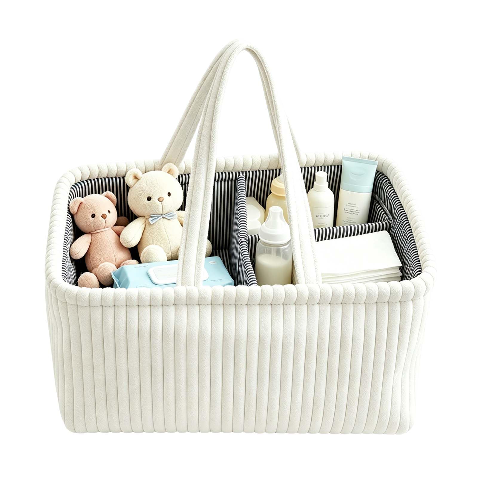 Panier Rangement Bébé, Compartiment Amovible, Panier de Rangement Bébé Portable en Peluche pour Essentiels du Nouveau-Né les Couches, Lingettes et Inserts, Cadeau Naissance, Blanc cassé