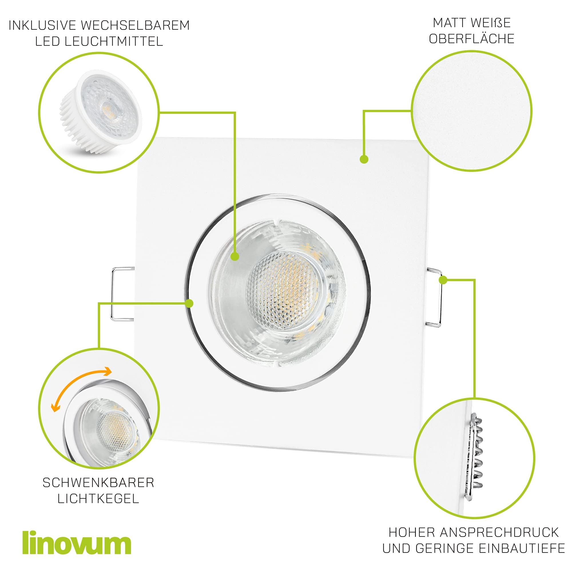 linovum Einbauspot 10er Set weiß eckig schwenkbar LED-Modul 4W neutralweiß | Zehn schwenkbare flache Deckenspots weiß eckig - neutralweiß, nur 36mm tief, ausrichtbar, ohne Trafo, inkl. LED-Modul