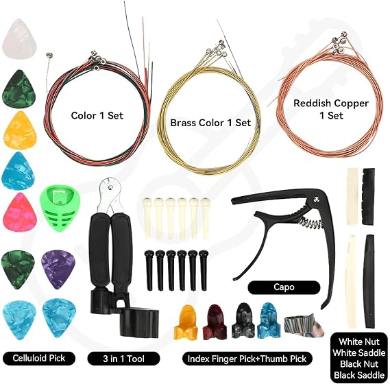 36PCS Acoustic Guitar Accessories Kit, 3 Sets Strings Capo Picks 3-in-1 Tool Pick Holder, Bridge Pins, Nuts and Saddles String Winder, Pin Puller for Beginner Repair Maintenance