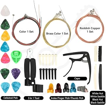 36PCS Acoustic Guitar Accessories Kit, 3 Sets Strings Capo Picks 3-in-1 Tool Pick Holder, Bridge Pins, Nuts and Saddles String Winder, Pin Puller for Beginner Repair Maintenance
