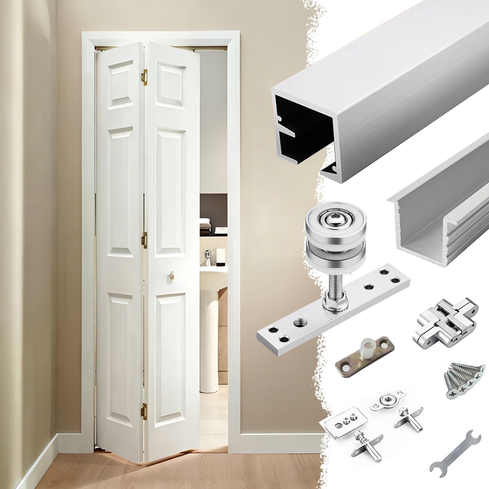 Kit de puerta corredera para armario plegable, juego completo de herrajes con rieles, soportes, pivotes y ruedas guía para dormitorio y despensa