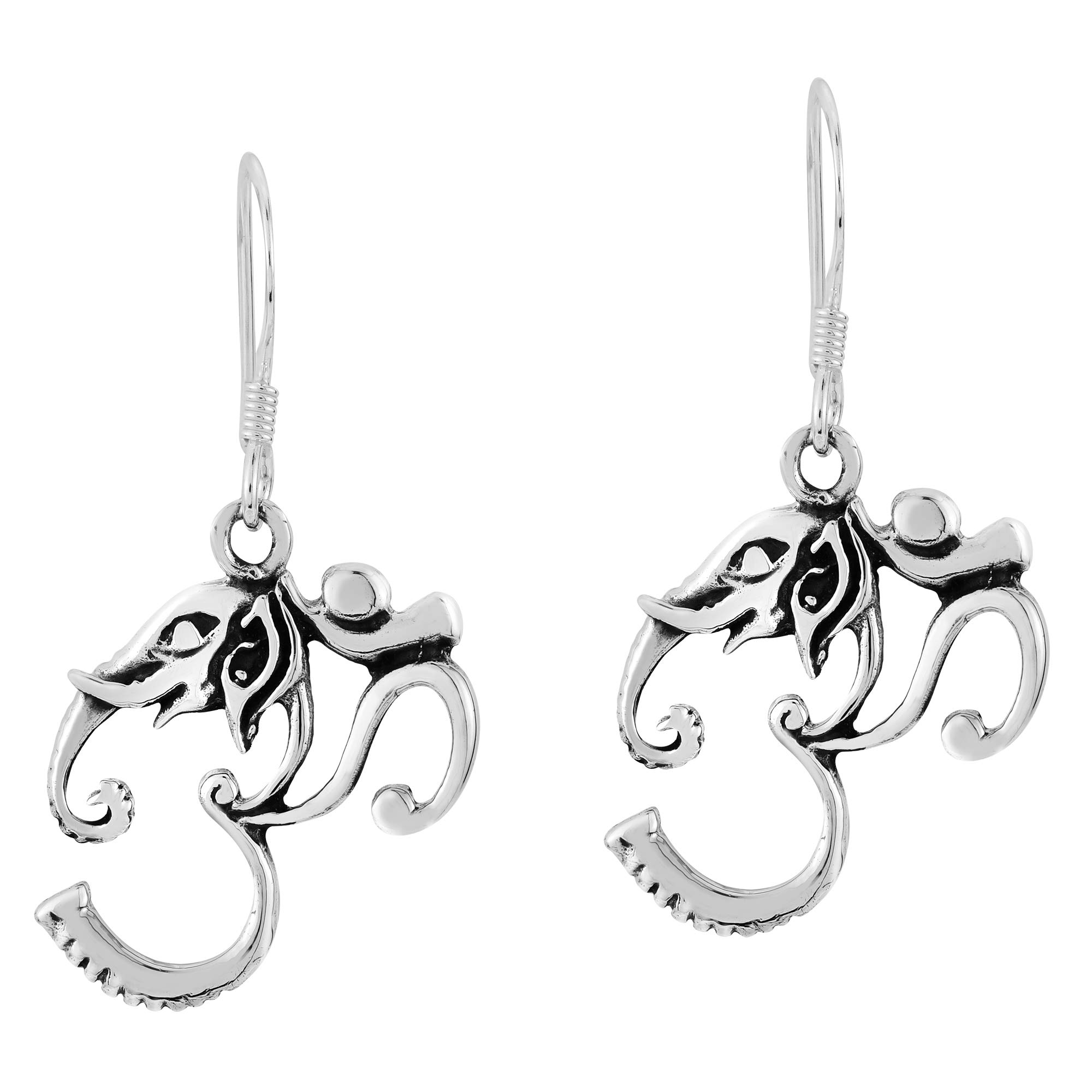 AeraVida Hindu Rare Ganesh Elephant God Aum-Om .925 Sterling Silver Dangle Earrings | Delicate Sterling Silver Dangle Earrings | Earrings for Women
