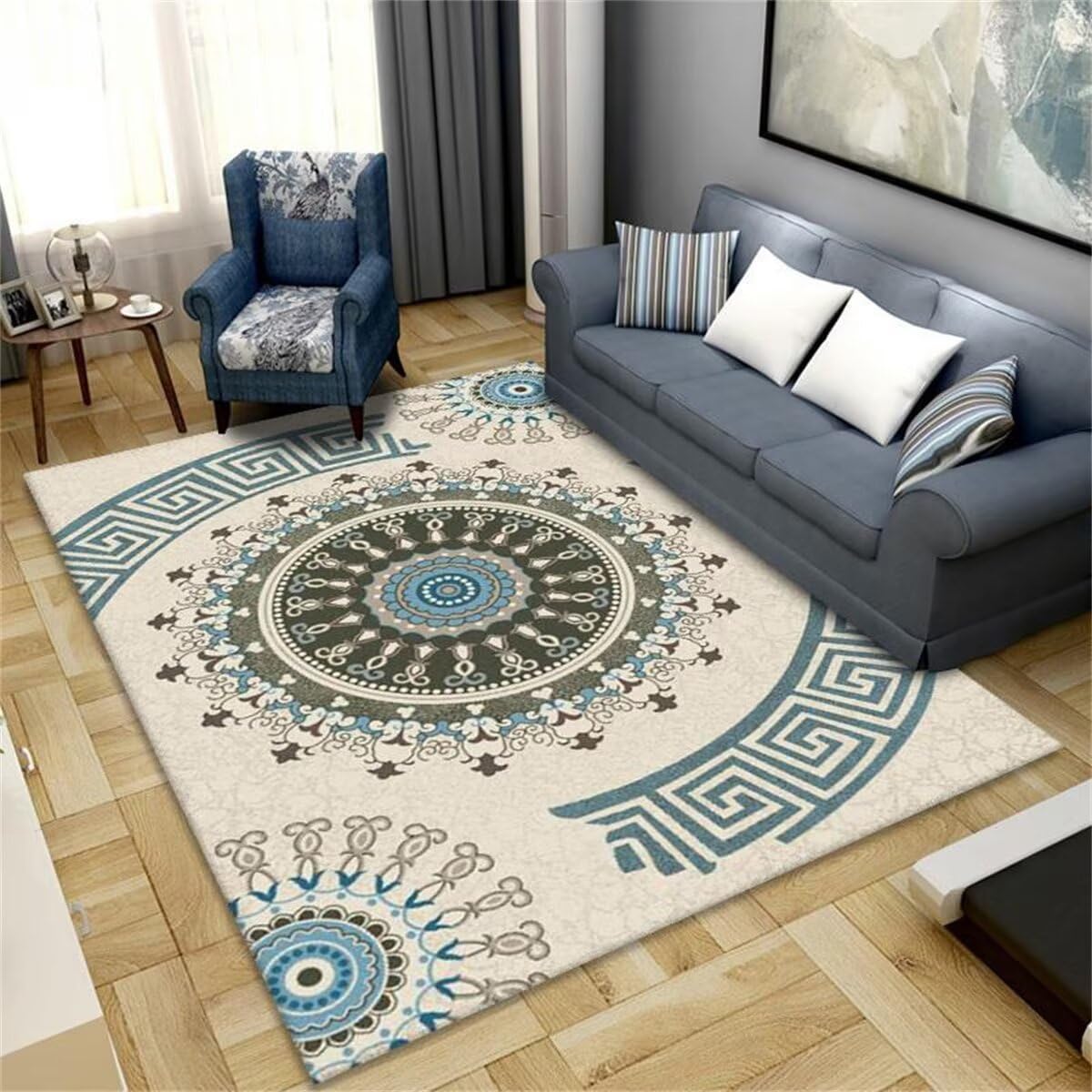 Tapis imprimé rond bleu et gris géométrique grand rectangle antidérapant de salon