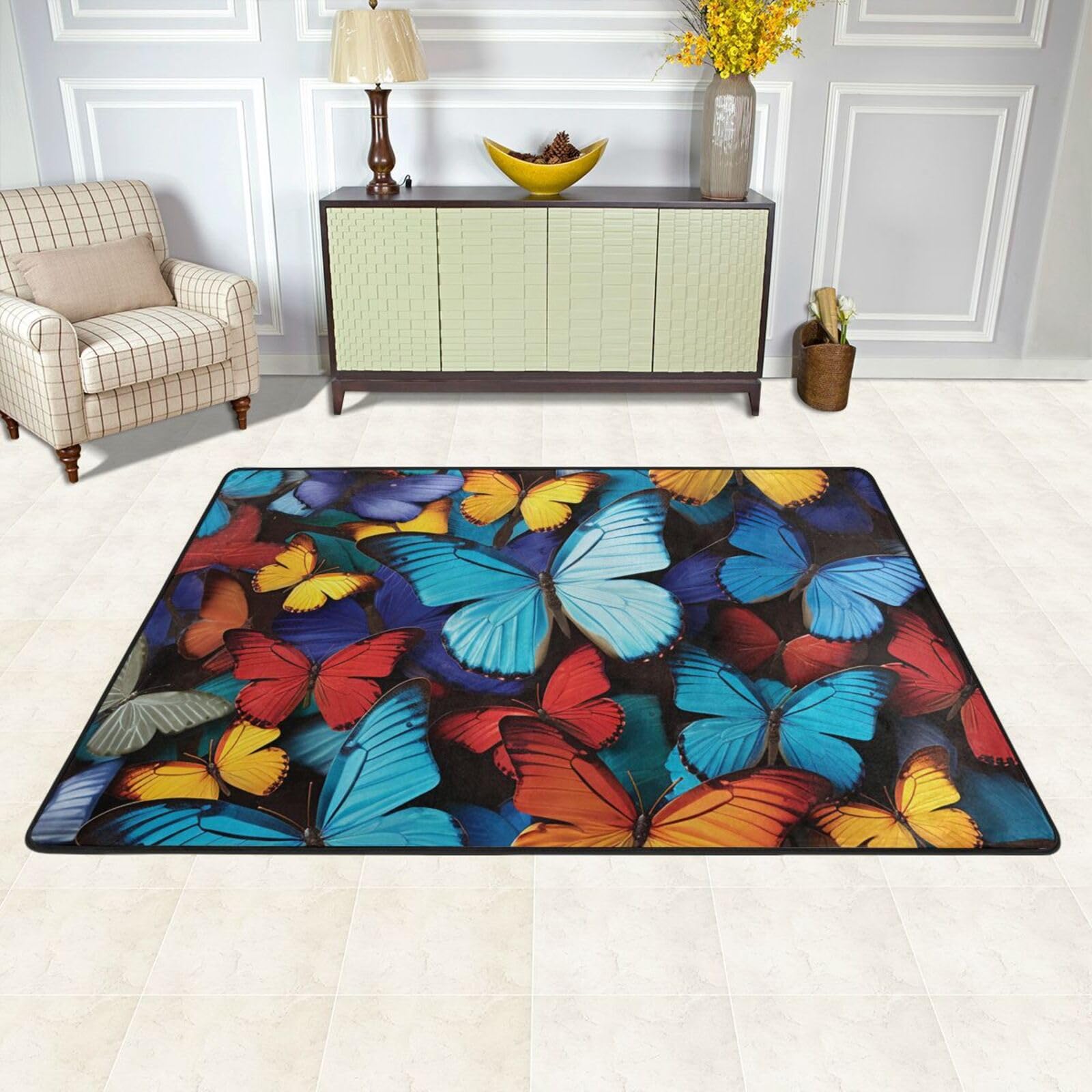 Tapis de sol absorbant 183x122 cm lavable avec motif papillons multicolores