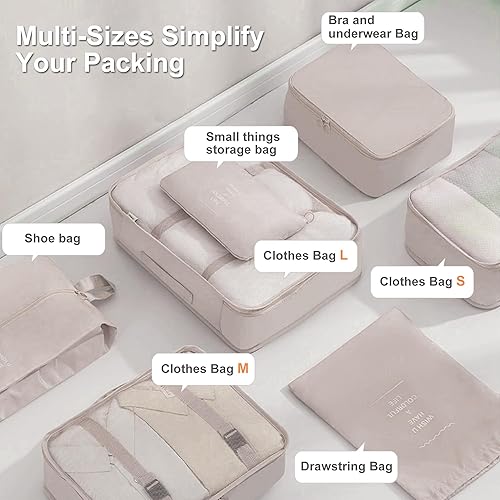 Miniatura 3 de Juego de 6 cubos de equipaje organizadores de equipaje para accesorios de viaje, bolsas de almacenamiento color beige crema, lavables a máquina,