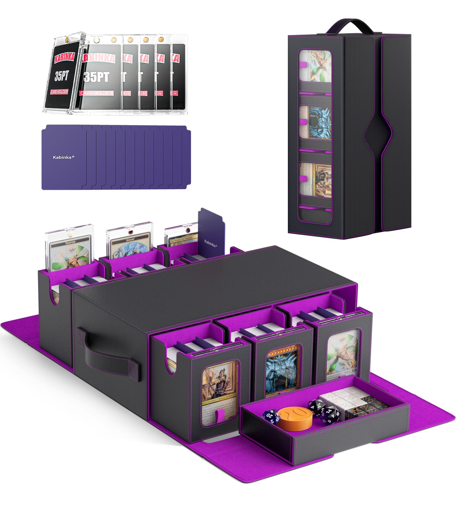 Kabinka Commander Deck Box for MTG, 7 in 1 Modular Card Case Fits 600+ Double-sleeved Cards, Trading Cards Storage Box with Removable Dice Tray 35PT Magnetic Card Holders for TCG (Black Purple)