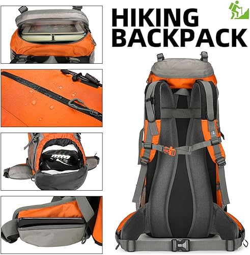 Miniatura 2 de 70L camping senderismo mochila con cubierta de lluvia impermeable mochila para senderismo treeking escalada al aire libre, Naranja, Mochila de