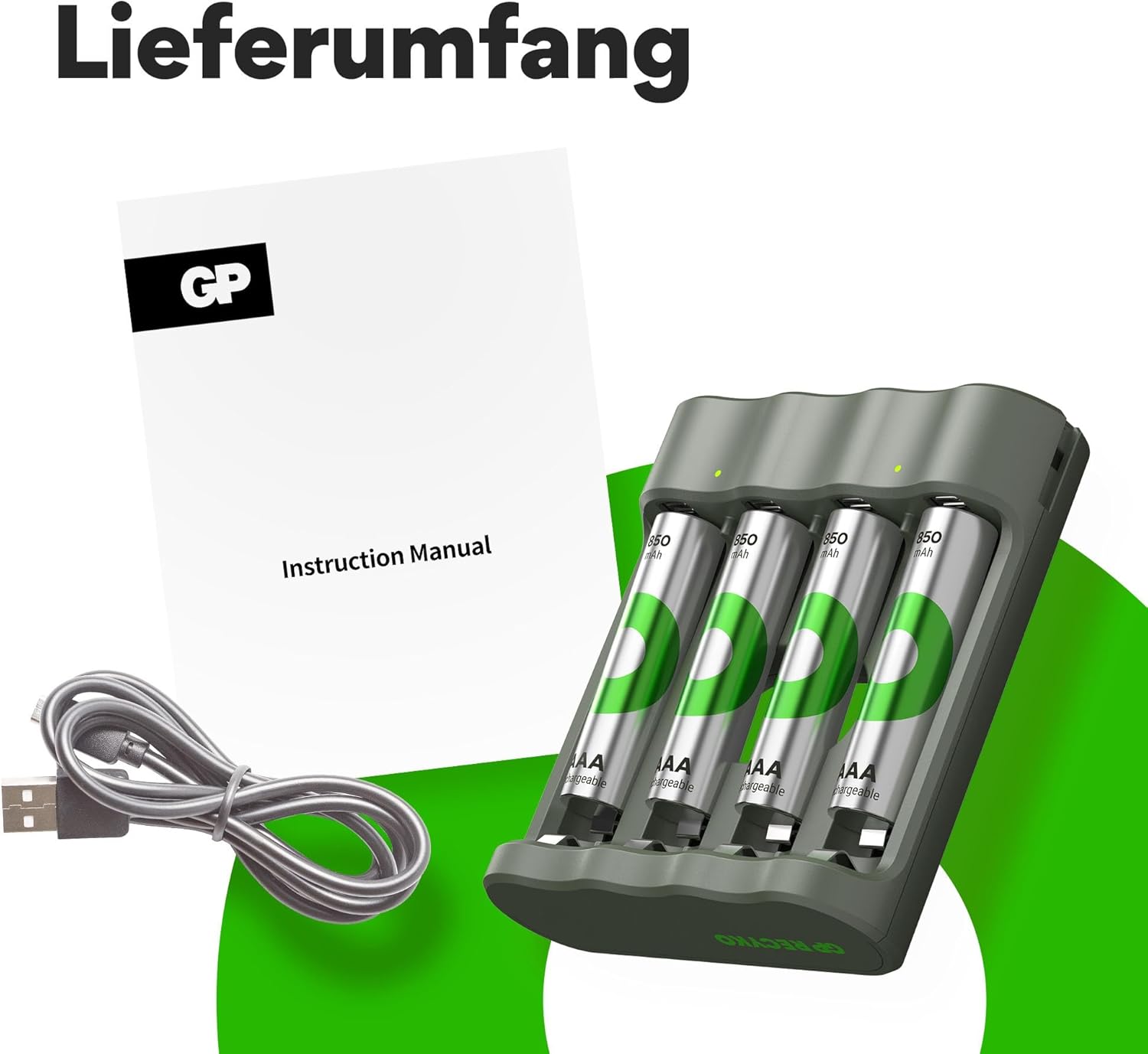 Eusi pakét Pangisi Daya Batré USB GP ReCyko, kalebet pangisi daya, opat batré AAA, sareng kabel USB.