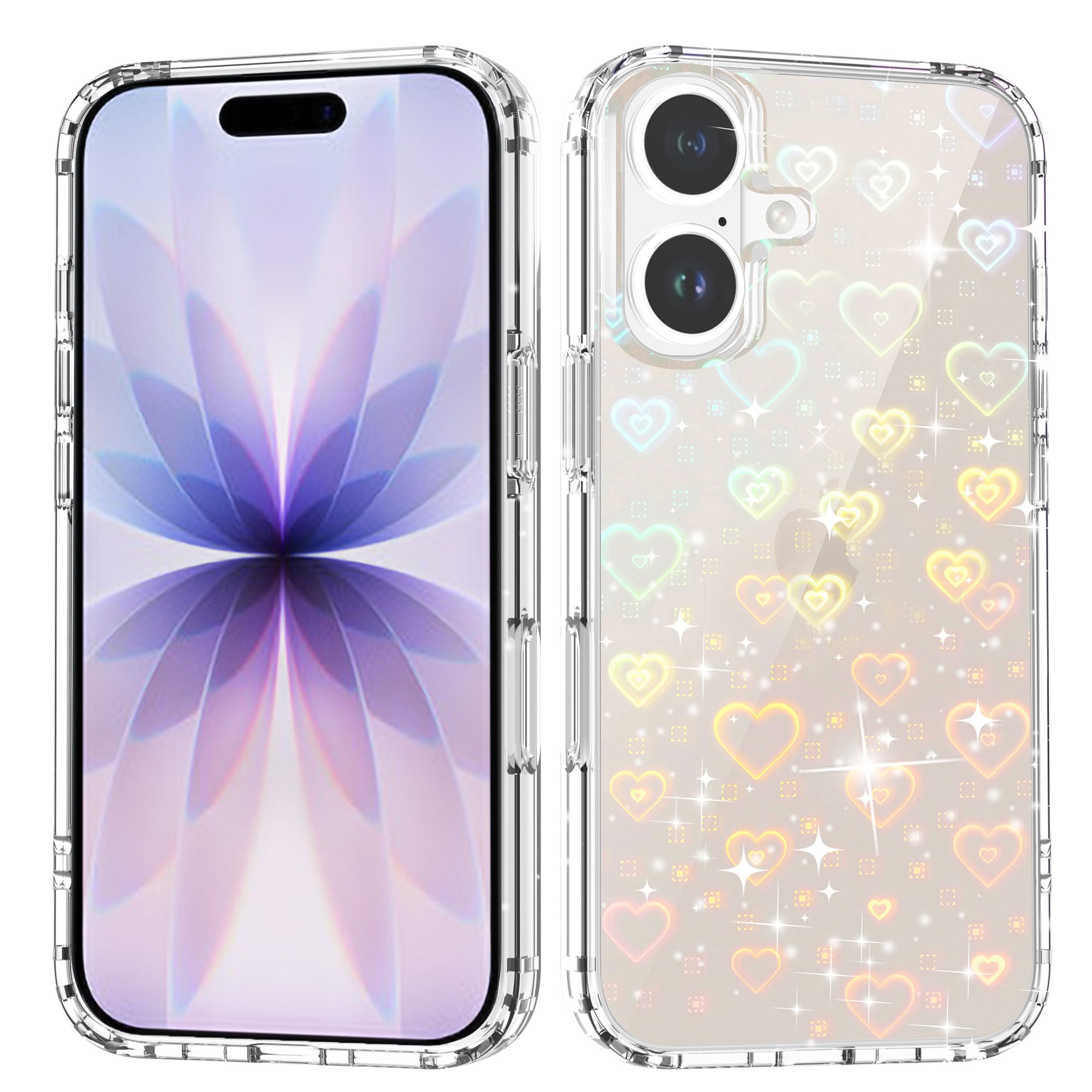 for iPhone 17 Case Clear Cute Glitter Laser Holographic Heart Pattern for Women Girls Anti-Yellow Hard PC Protective