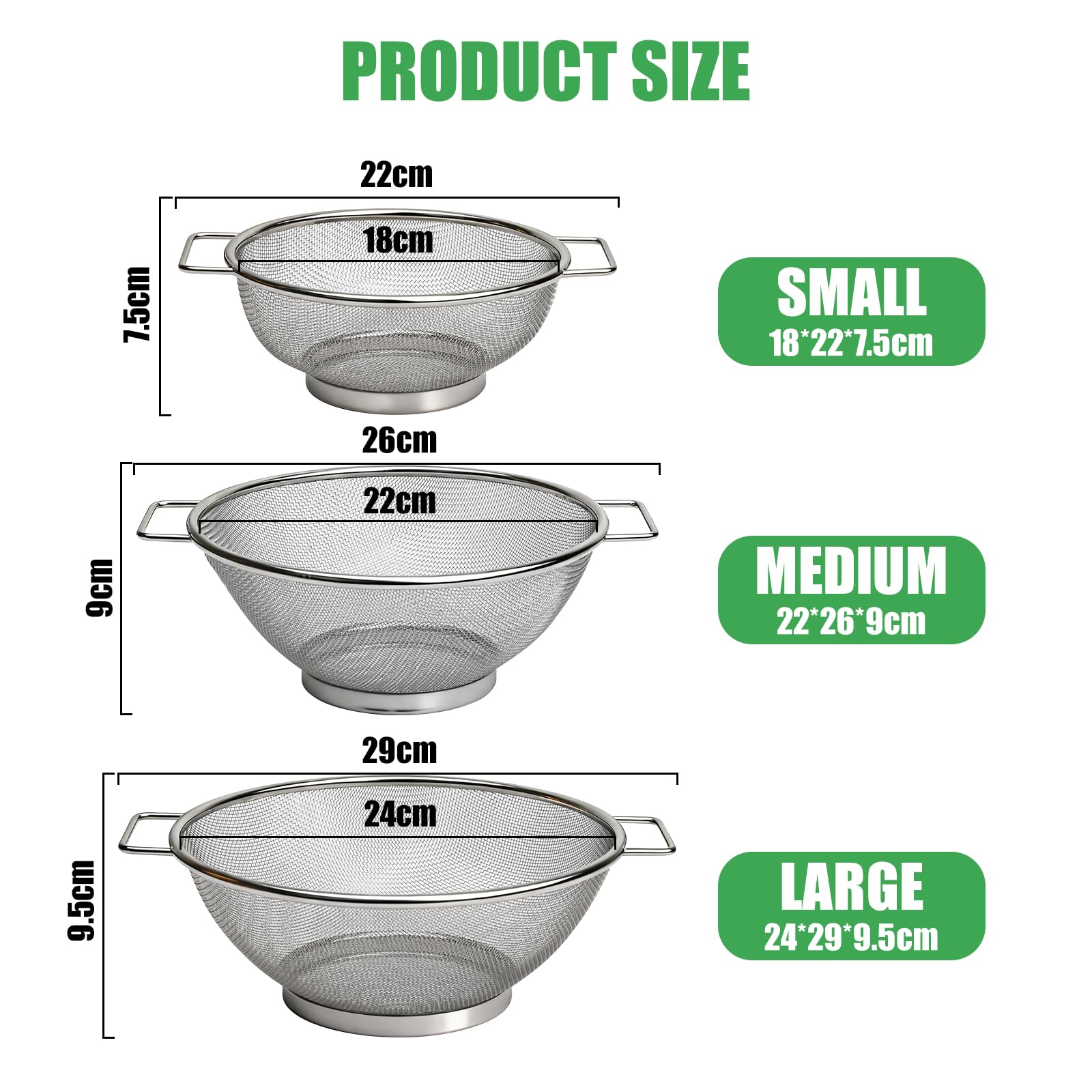 Set 3 Scolapasta in Acciaio Inox con Manici, Micro-Perforato per Drenaggio Veloce, Scolapasta per Pasta, Riso, Verdura e Frutta, Forte e durevole, Facile da Pulire (18/22/24 cm)