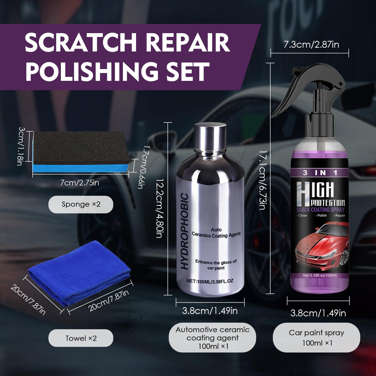 Reparador Arañazos & Pulido Cerámico Coche, 2026 NEW 2-en-1 Quita Arañazos Coche Kit, Paño Microfibra y Esponja Pulidora Para Arañazos y Brillo Intenso, Apto Para Todas las Pinturas