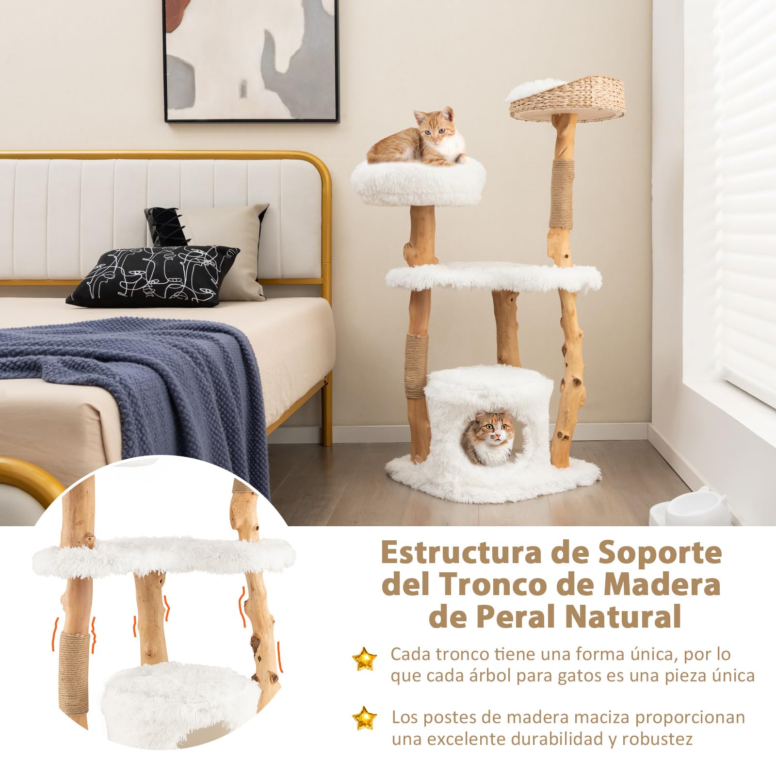COSTWAY 124cm Árbol Rascador para Gatos de Madera Maciza, Torre Rascador para Gatos con Postes de Sisal, Condominio, Plataformas, Centro de Actividades de Múltiples Niveles para Gatos, Blanco (124cm)
