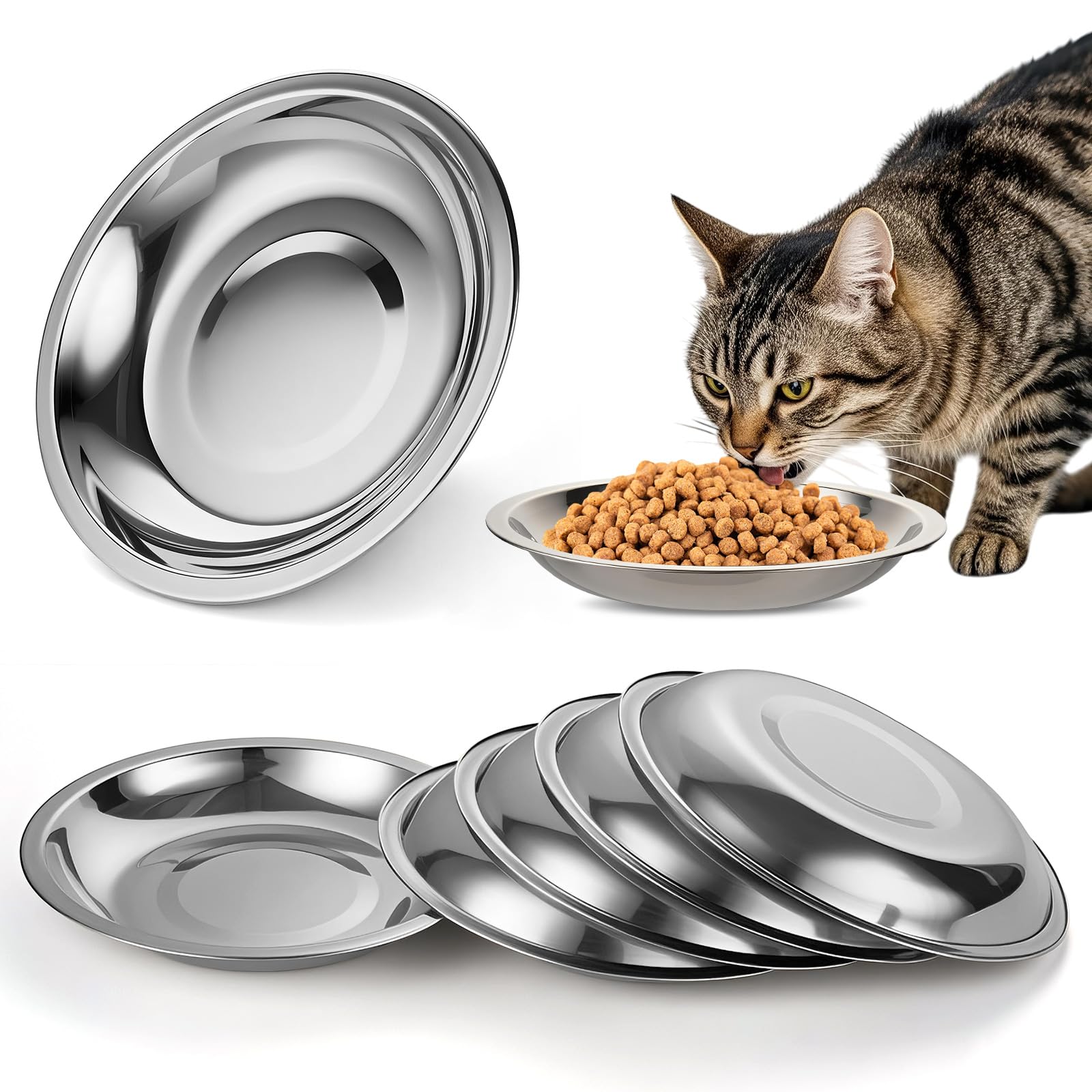 6 Pcs Stainless Steel Cat Bowls, 7In Shallow Wide Metal Cat Food Dishes for Indoor Cats, Whisker Friendly Kitten Bowls for Wet Food and Water, Dishwasher Safe Basic Pet Plates