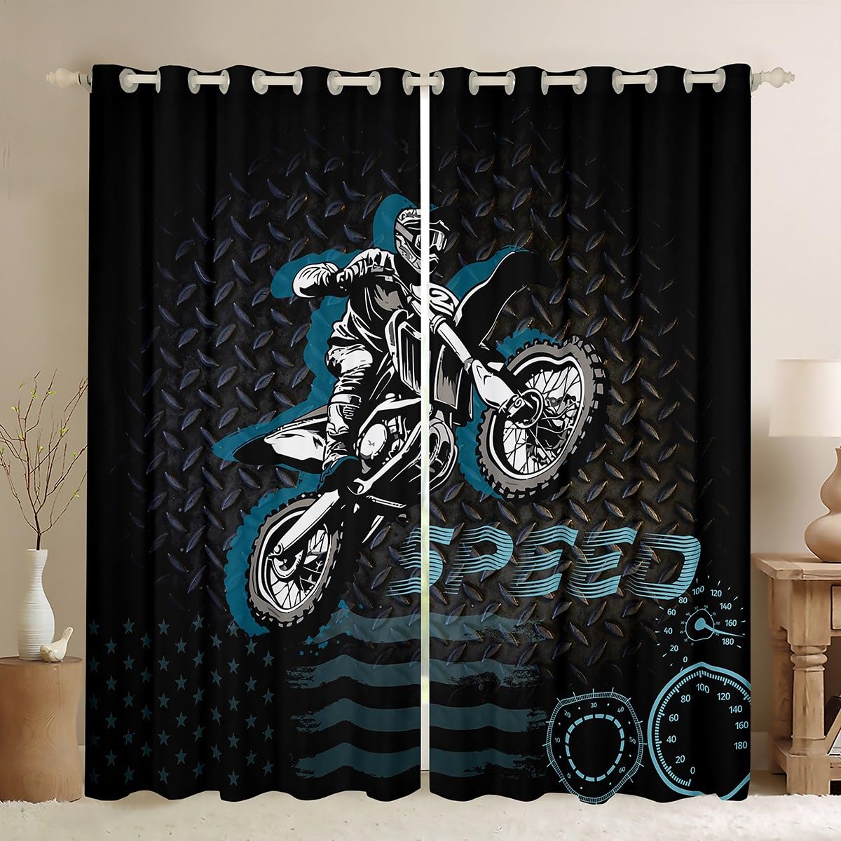 Manfei Motorbike Blackout Curtain Speeding Motorcycle Rider Window Drapes for Kids Boy Room Decor Extreme Sports Theme Window Treatments Grommet Top 2 Panel Set Bedroom Curtains