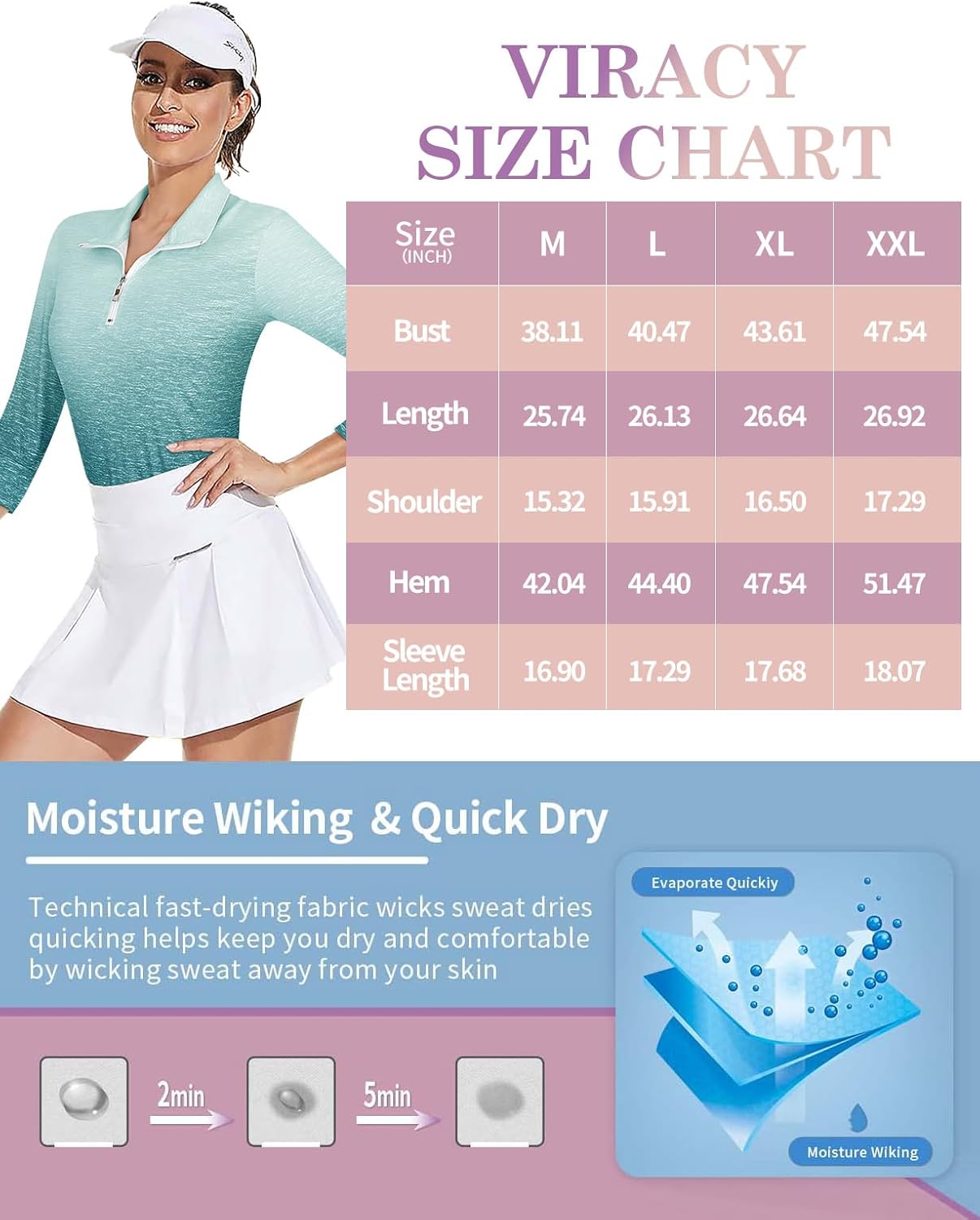 Viracy 3/4 Sleeve Womens Golf Shirts Quick Dry Quarter Zip Workout Tennis Polo Tops with Pocket - Image 5