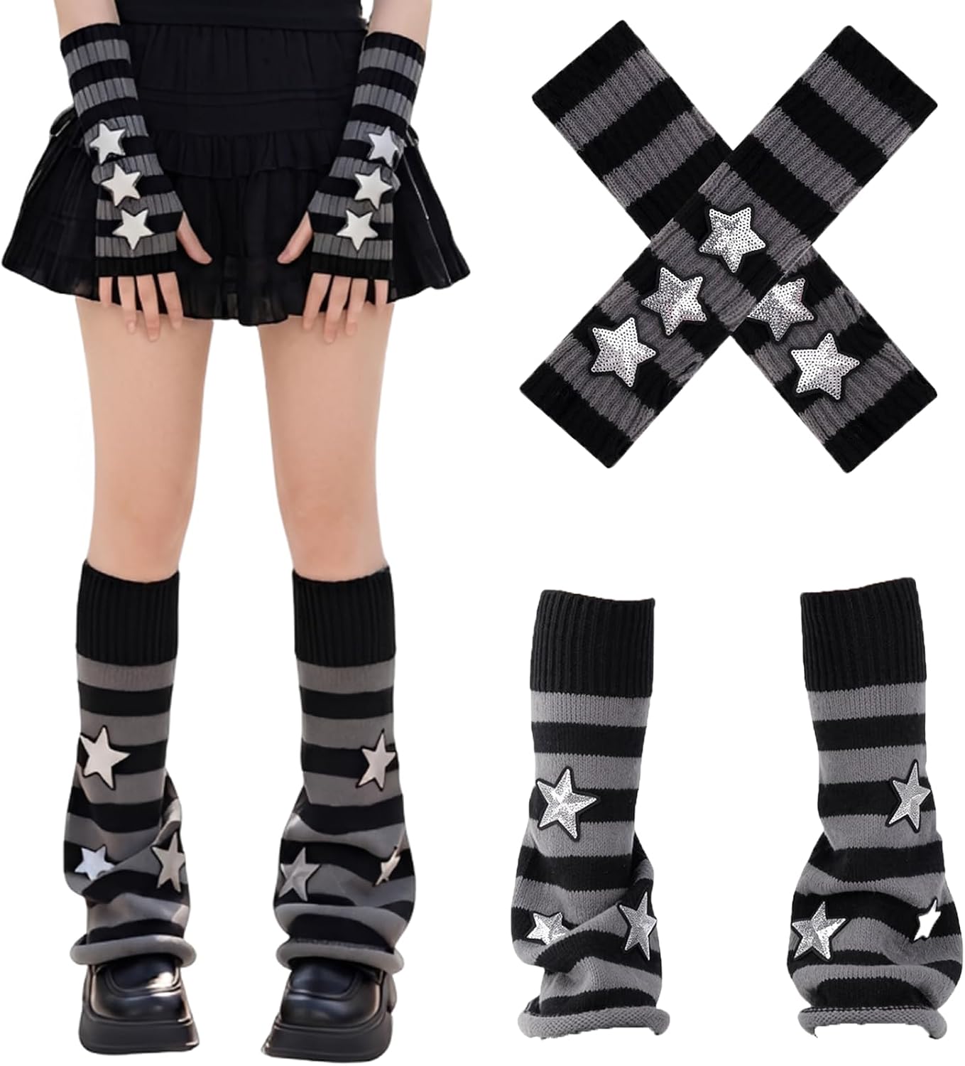 Sexybody Striped Star Leg Warmers and Arm Warmers for Women & Girls 1 Pair Knit Set Y2K Punk Goth Harajuku Accessories