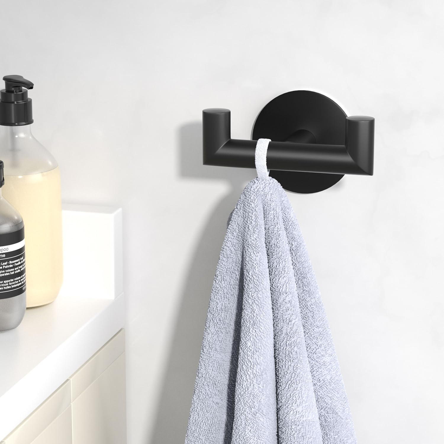 GWAAZXGZ 2 Pack Black Bathroom Hooks for Towels - Self Adhesive Double Hooks for Wall, No Drilling, Matte Finish, Strong Hold for Robes, Coats, Shower Use