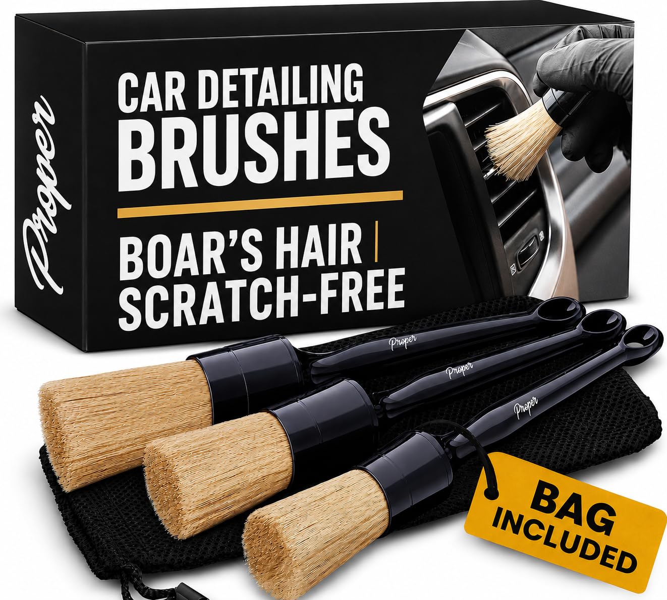 Auto-Detail-Pinsel-Set, hochwertige weiche Wildschweinborsten, saubere Auto-Innenräume (Ledersitze, Lüftungsschlitze) oder außen (Räder, Farbe, Embleme), Detail-Pinsel, Auto-Detaillierung,