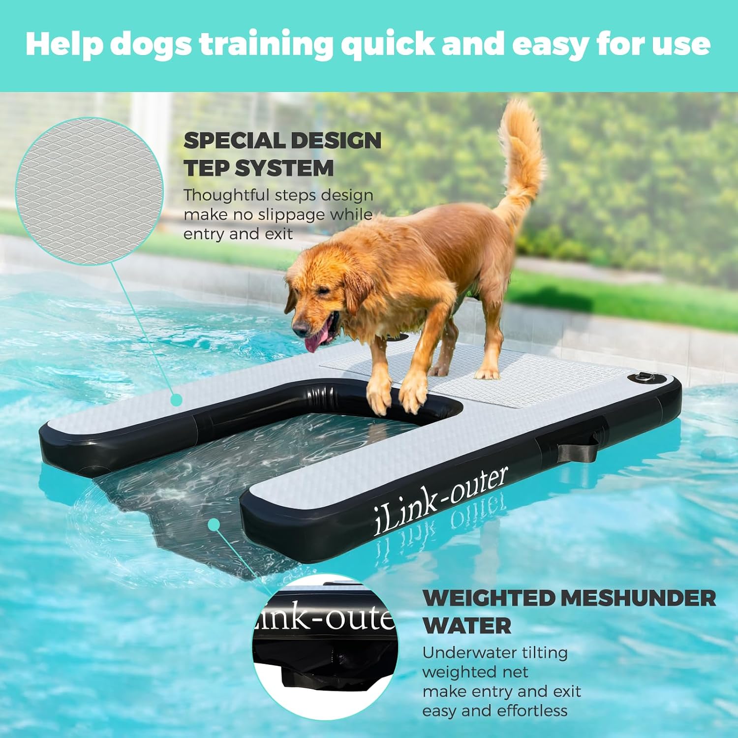 iLink-outer Inflatable Dog Water Ramp for Large Dog Floating Boat Ramp-Max Up to 220 Pounds Large Dogs-Inflatable Ramp for Boats, Docks, with Pump/Rope/Repair Kit -All PVC Anti-Slip Fabric
