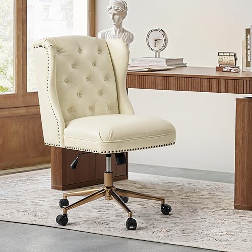 Miniatura 3 de HULALA HOME Silla de escritorio moderna de piel sintética con respaldo de botón copetudo, silla giratoria ajustable para computadora con ribete de