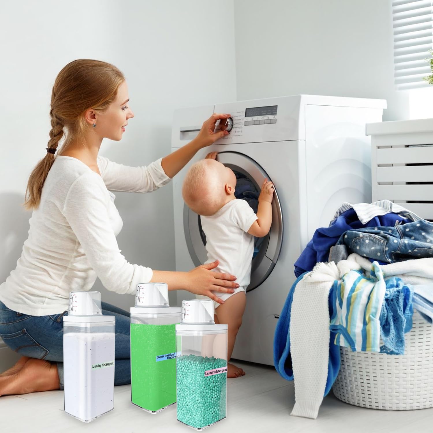 2 contenitori per detersivi da 1500 ml, con misurino, detersivo in polvere, dispenser ermetico, contenitore per detersivi