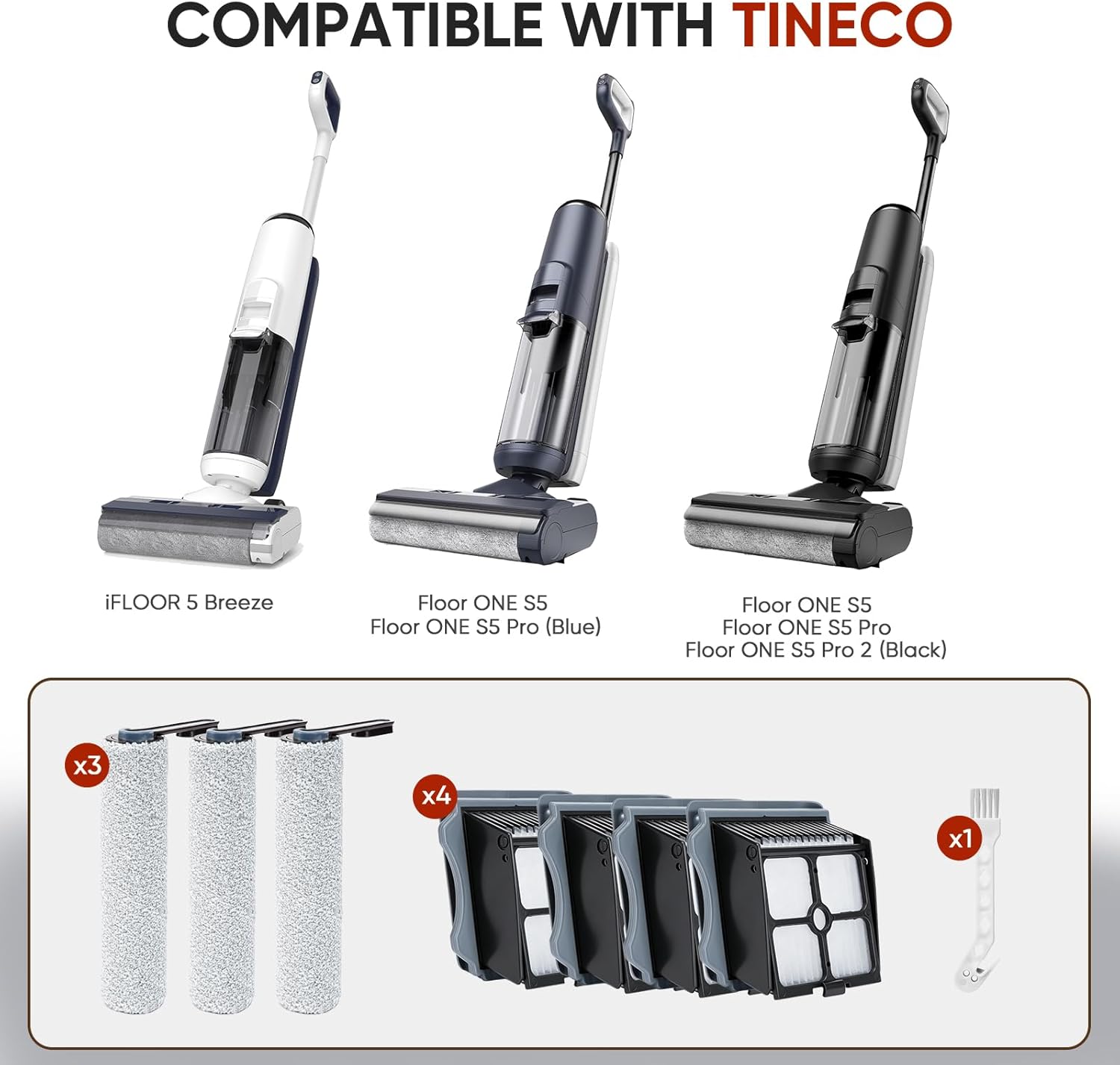 Roller Brush Replacement Compatible with Tineco iFLOOR 5 Breeze/Floor ONE S5/Floor ONE S5 Pro Wet Dry Vacuum Cleaner, Replacement Parts Include 3 Roller Brushes, 4 Filters, 1 Cleaner Brushes