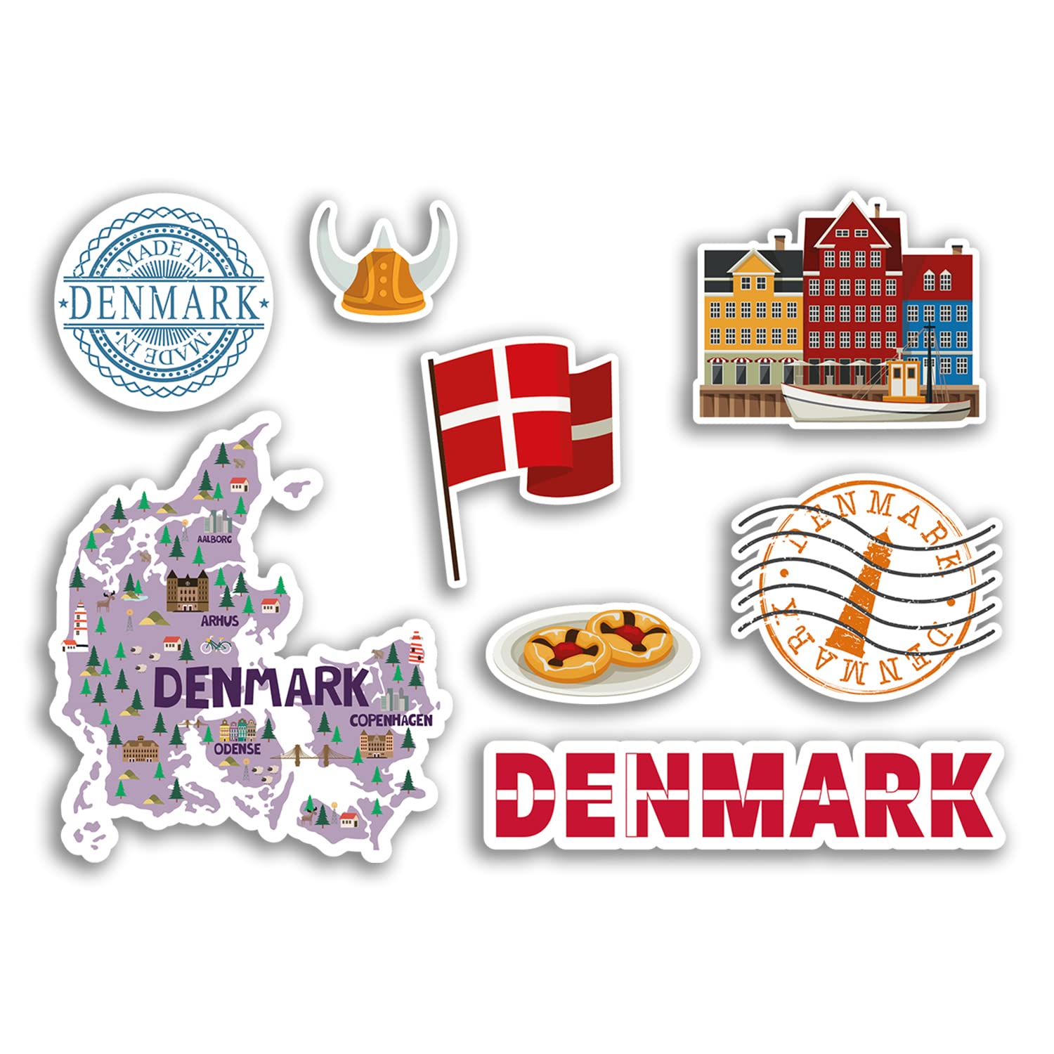 DV DESIGN A5 Sticker Sheet - Denmark Vinyl Stickers - Danish Landmark Holiday City Country Airport Map Flag Food Sticker #77531