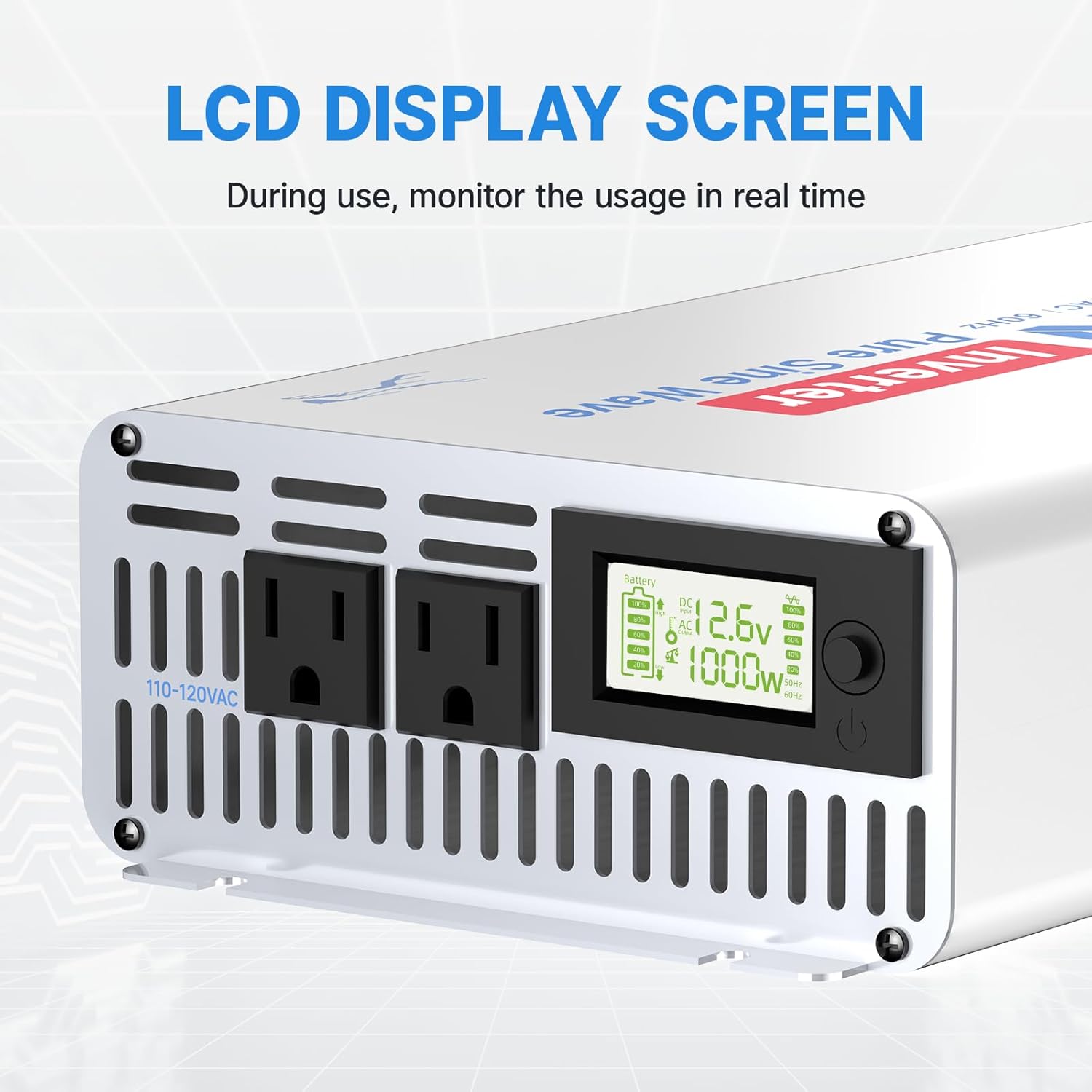 Redodo Pure Sine Wave Inverter 1000W Convert DC 12V to AC 110V, Monitoring Screen Showing Real-Time Status, for Off-Grid Solar Power System, RV, Home Backup Power