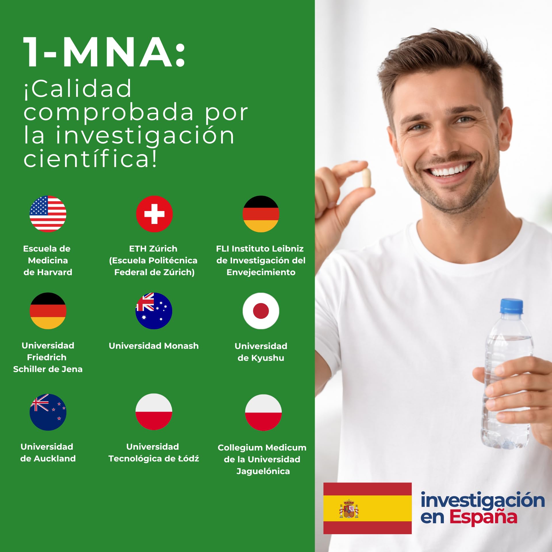 Vegan 1-MNA, NAD+ Optimizador, Antiedad, Vitaminas y Minerales para Mujeres y Hombres con D3, K2, B2, B6, B12, Ácido Fólico, Zinc, Hierro, Yodo, Selenio, Cansancio y la Fatiga, 30 Cápsulas