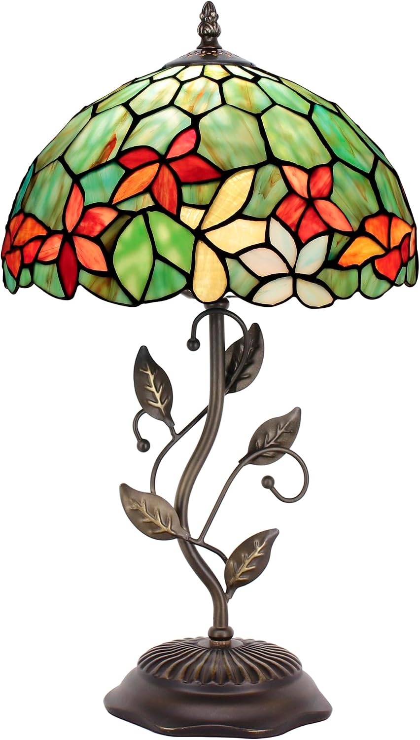 Tiffany Lamp Stained Glass Table Lamp 12X12X19 Inches Desk Reading Light (Red Yellow Green Flowers Style)