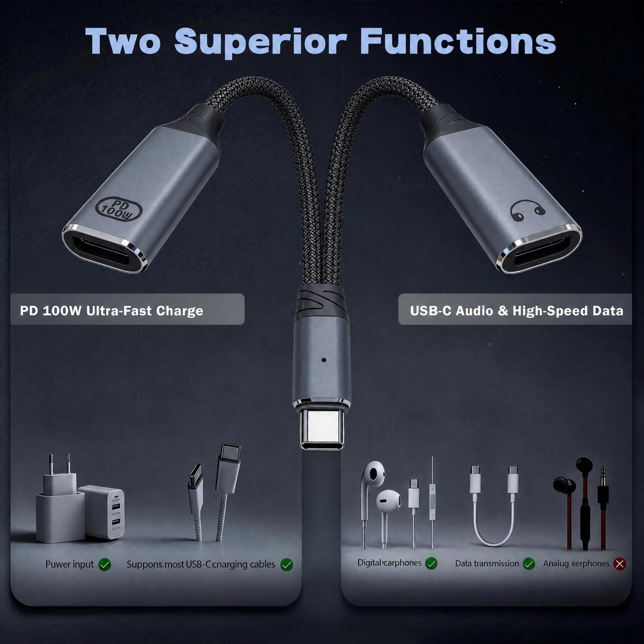 Adapter słuchawkowy USB-C rozdzielacz USB-C typu Y 2 w 1 adapterem audio szybkim ładowaniem 100W laptopa tabletu smartfona – Szary